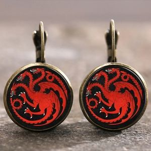 New Red 3 Headed Dragon Glass Cabochon Bronze Earrings.